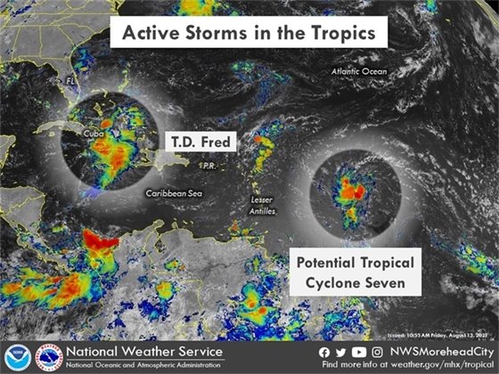 8/13/21 11:10am - The tropics remain active with Tropical Depression Fred and newly designated Potential Tropical Cyclone Seven. Fred is expected to impact parts of western FL over the weekend before moving over the Southeastern US by early next week. Impacts from PTC Seven are possible this weekend and into early next week around the Caribbean Islands. No direct impacts to Eastern NC are expected over the next 5 Days, but we will continue to keep a close eye on both storms into next week.  Have you checked your hurricane preparedness plans lately? Now is a good time to review your emergency supplies and plans! If you need a few tips, you can find them at weather.gov/mhx/hurricaneprep