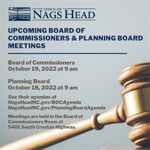 Photo of gavel with text giving dates of upcoming Board of Commissioners and Planning Board meetings.