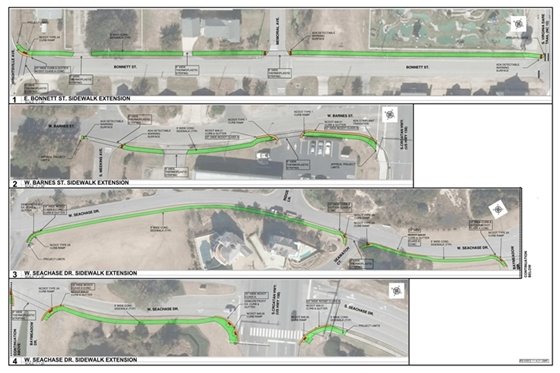Map of 2022 Town of Nags Head sidewalk construction projects. 