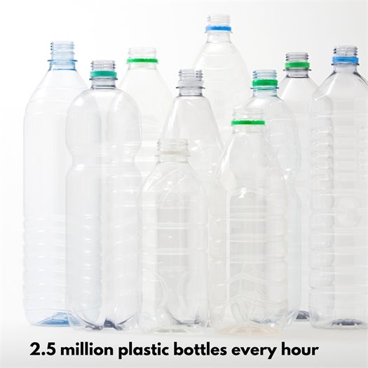 According to Recycle Across America, Americans throw away 2.5 million plastic bottles every hour! That is a lot of plastic.  ??Recycling one ton of plastic bottles saves the equivalent energy usage of a two person household for a whole year.