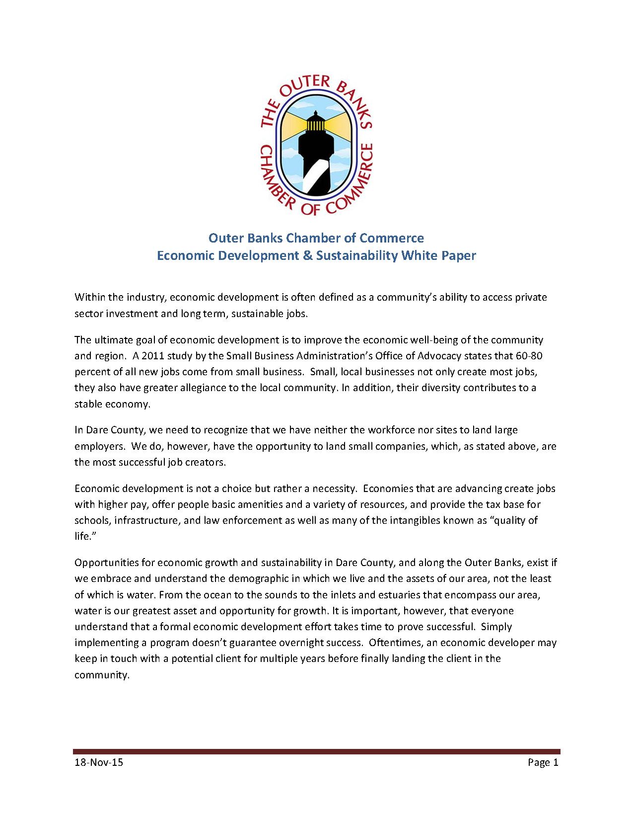The Outer Banks Chamber of Commerce Economic Development & Sustainability White Paper 
