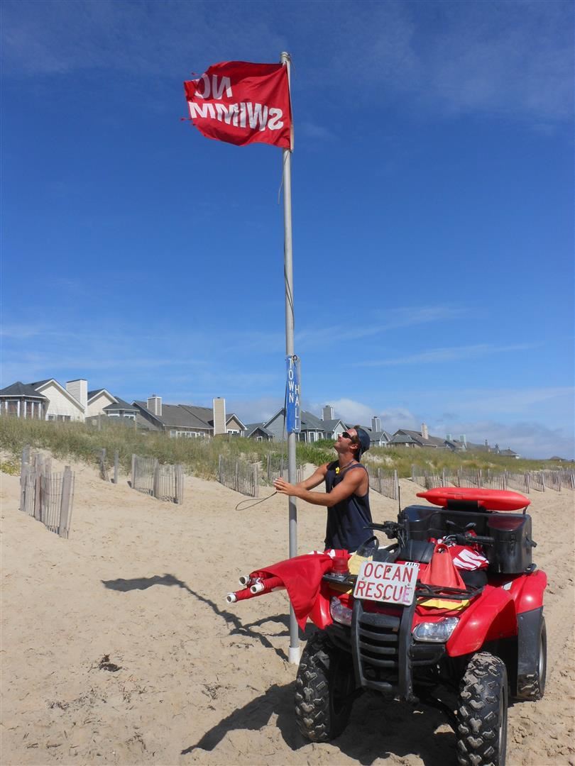 Nags Head Ocean Rescue Raising Red No Swimming Flags 