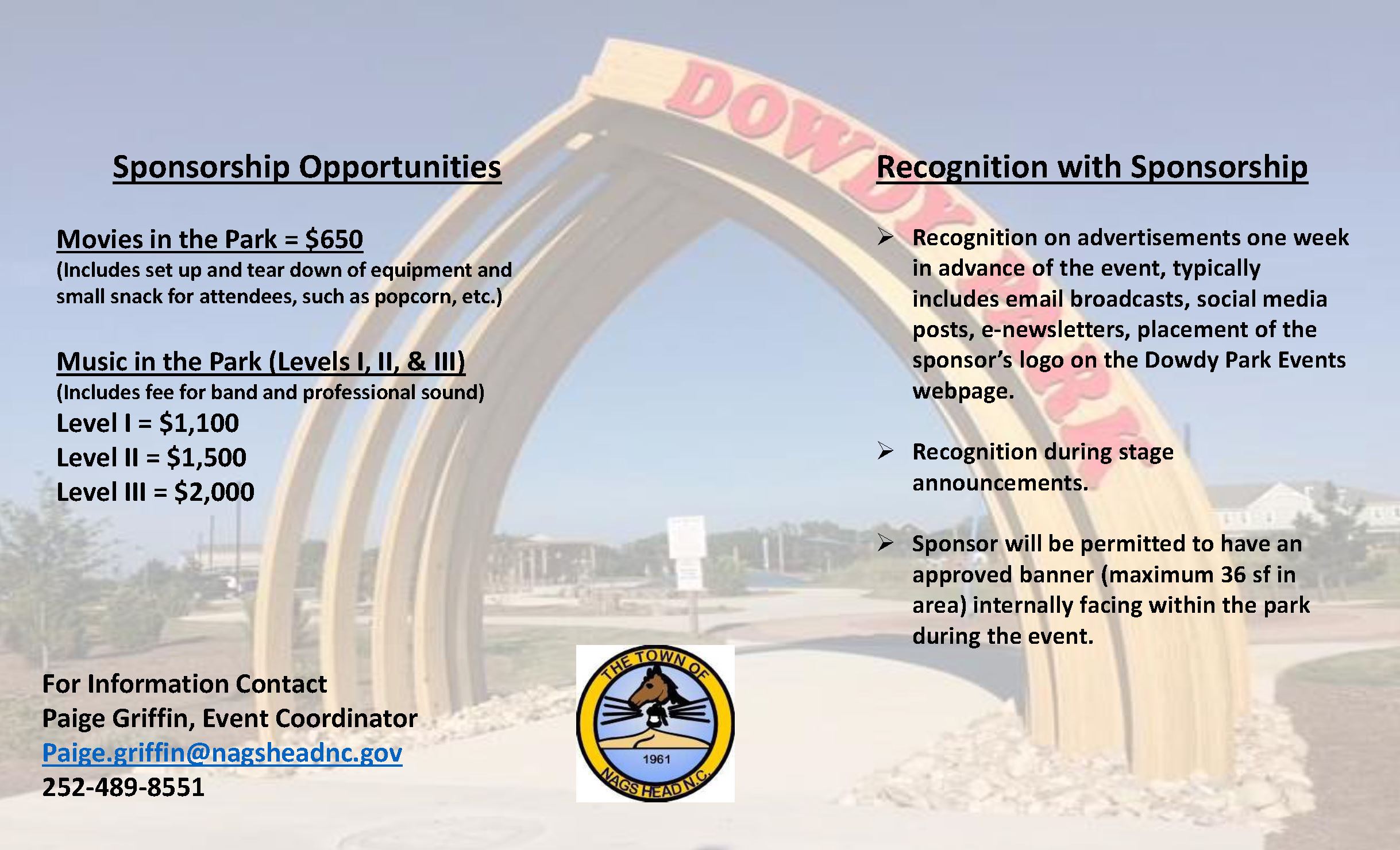 Dowdy Park entrance photo with text about sponsoring music and movies at the park