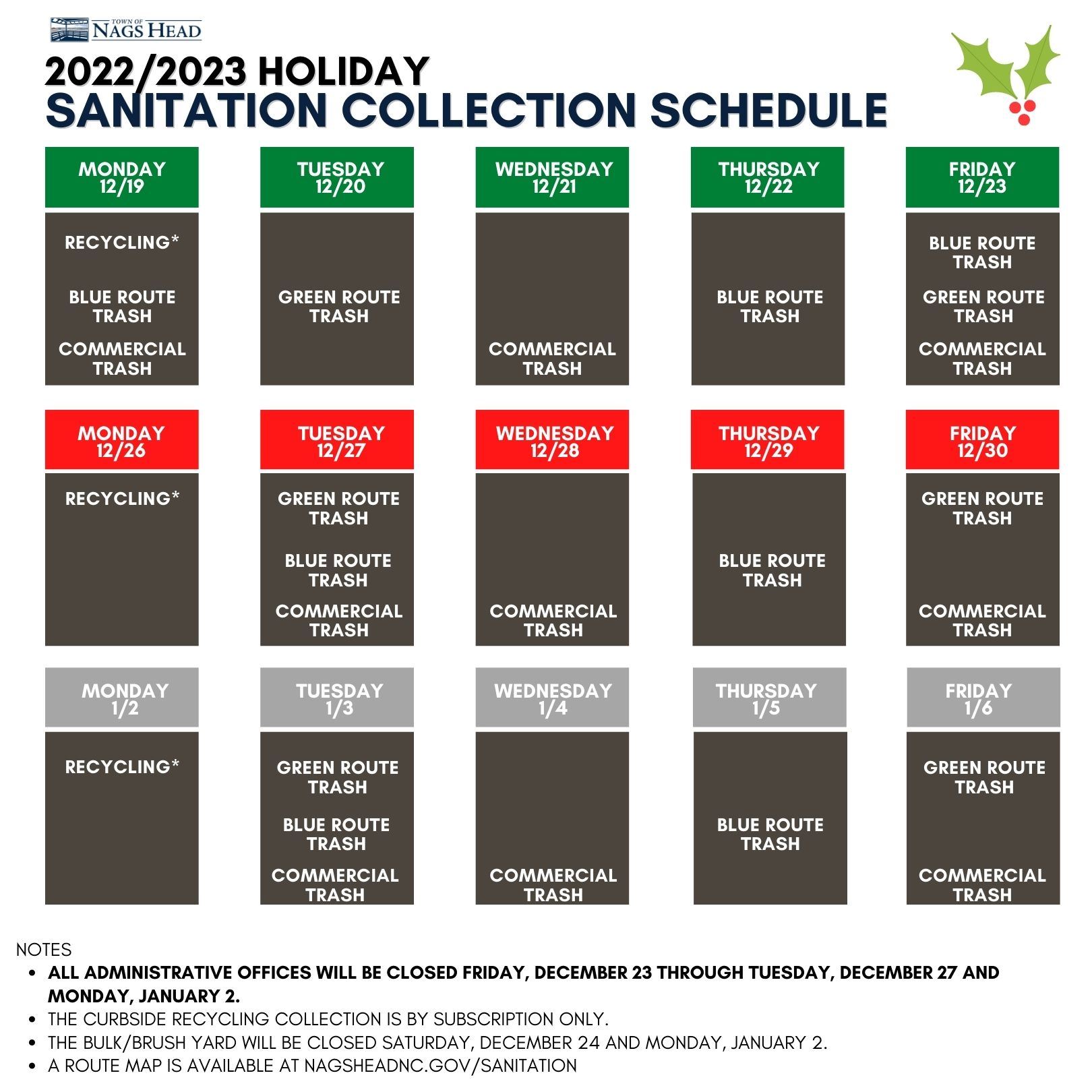 2022 Town of Nags Head Holiday Trash Schedule 